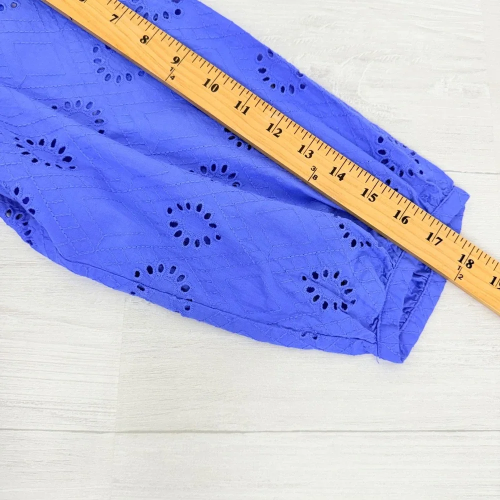 Banana Republic Eyelet Blouse Womens L Blue‎ Henley 3/4 Puff Sleeve Top Cotton
